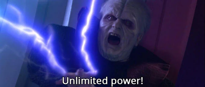 Darth Sidious Unlimited Power — Canonical meme template featuring Emperor Palpatine unleashing massive blue force lightning with 'Unlimited power!' caption.