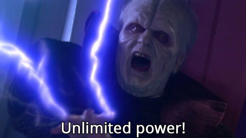 Darth Sidious Unlimited Power — Hero image of Emperor Palpatine unleashing brilliant blue force lightning with signature 'Unlimited power!' caption.
