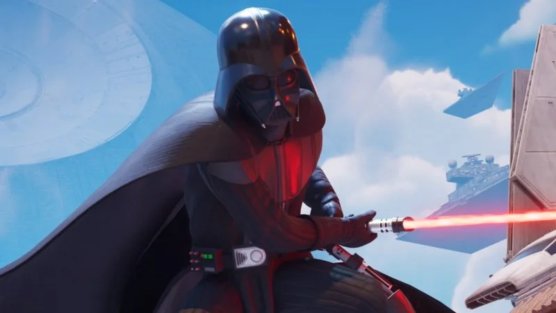 Darth Vader Ai Fortnite — Fortnite gameplay screenshot showing Darth Vader AI companion with red lightsaber against bright blue sky with spacecraft structures.