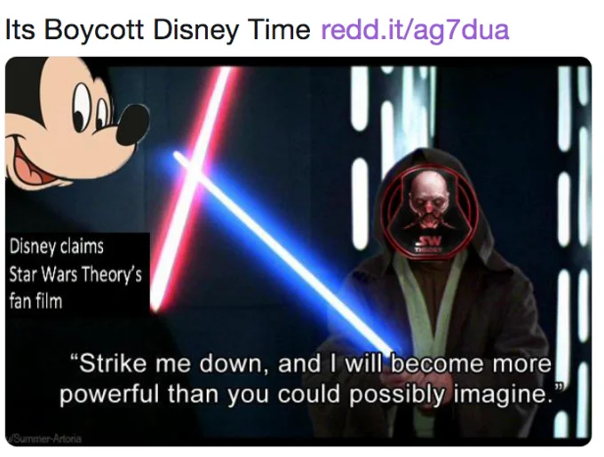 Darth Vader Shards Of The Past Star Wars Fan Film Controversy — Meme of Mickey Mouse in lightsaber duel with hooded Sith wearing Star Wars Theory logo