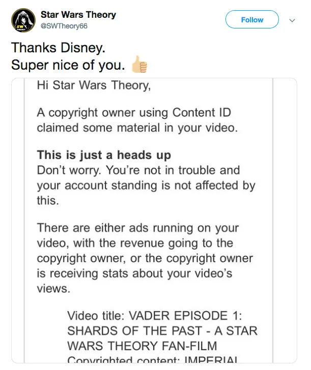 Darth Vader Shards Of The Past Star Wars Fan Film Controversy — Star Wars Theory tweet showing YouTube copyright claim notice for Shards of the Past fan film
