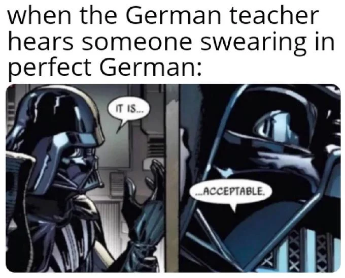 Darth Vader's "It Is Acceptable" — Darth Vader 'It is... acceptable' meme about a German teacher hearing perfect German swearing.