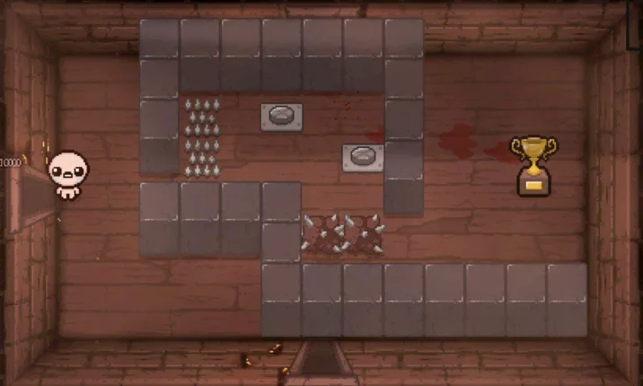Dash Spider This Isnt Sightreadable — Binding of Isaac room with Isaac, spikes, blocks and trophy