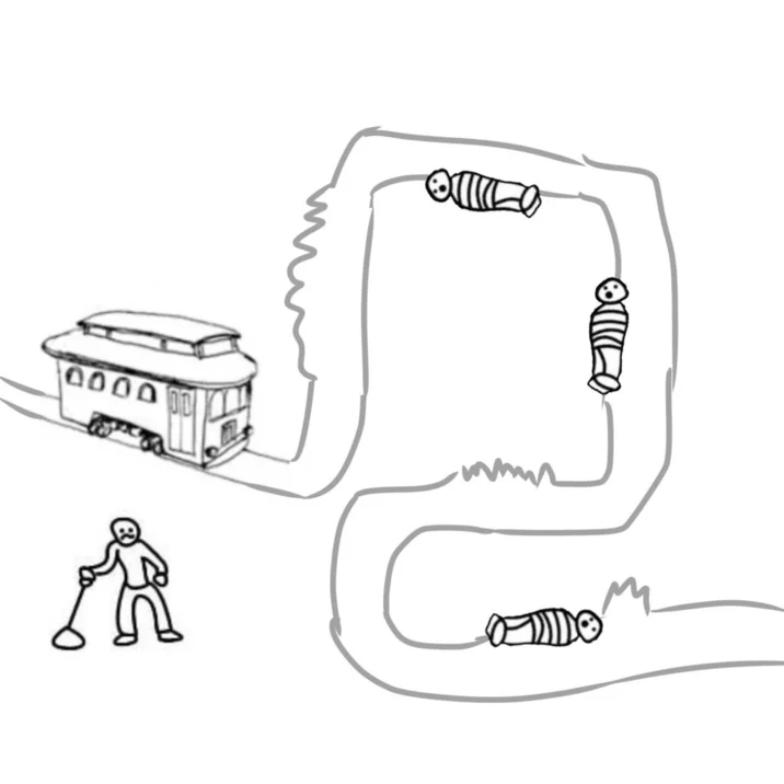 Dash Spider This Isnt Sightreadable — Hand-drawn trolley problem with winding tracks and tied up figures