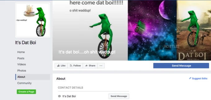 Screenshot of Facebook page 'It's Dat Boi' with profile information and multiple Dat Boi image variations with Like buttons.
