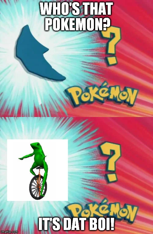 Two-panel Pokemon 'Who's That Pokemon?' format showing silhouette then revealing Dat Boi with green frog on unicycle.