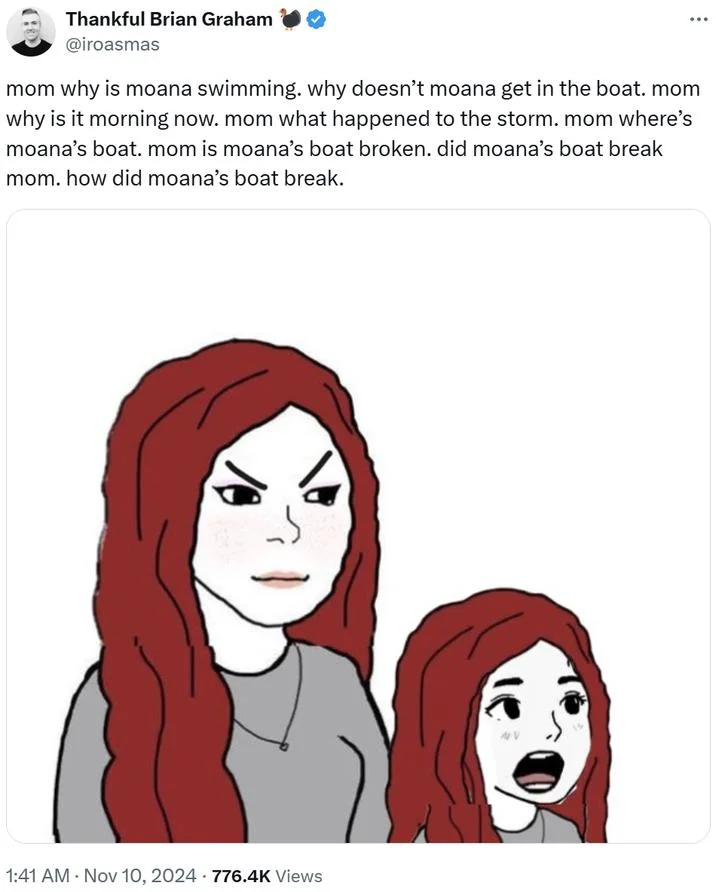 Daughterjak meme in which she annoys Wifejak with questions about Moana.