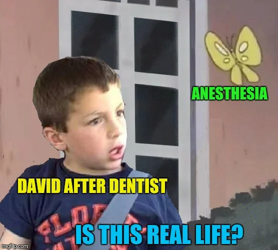 David After Dentist meme template with anesthesia butterfly and confusion text