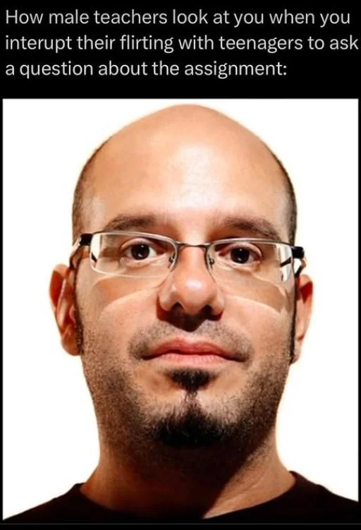 David Cross Stare — Stare meme captioned about interrupting male teachers flirting with teenagers