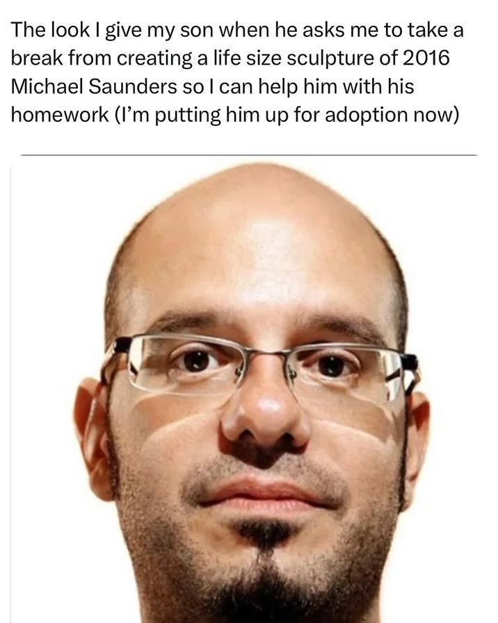 David Cross Stare — Stare meme captioned with a long absurdist joke about a Michael Saunders sculpture