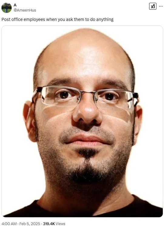 David Cross Stare — X post using the stare meme to depict post office employees