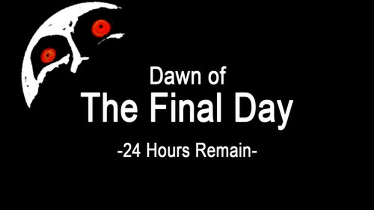 Majora's Mask moon with red eyes next to 'Dawn of The Final Day -24 Hours Remain-' text