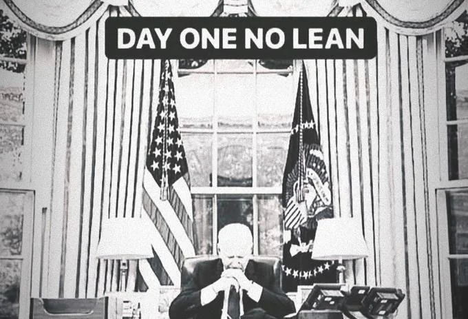 Day 1, 2, 3 No Lean — Black-and-white Joe Biden with head in hands at Oval Office desk, captioned 'DAY ONE NO LEAN'
