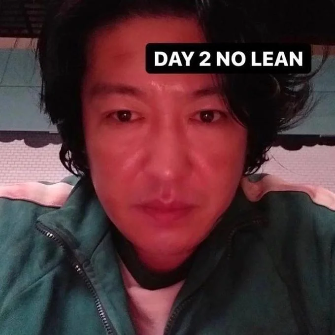 Day 1, 2, 3 No Lean — Squid Game player in green tracksuit with tired face and 'DAY 2 NO LEAN' caption