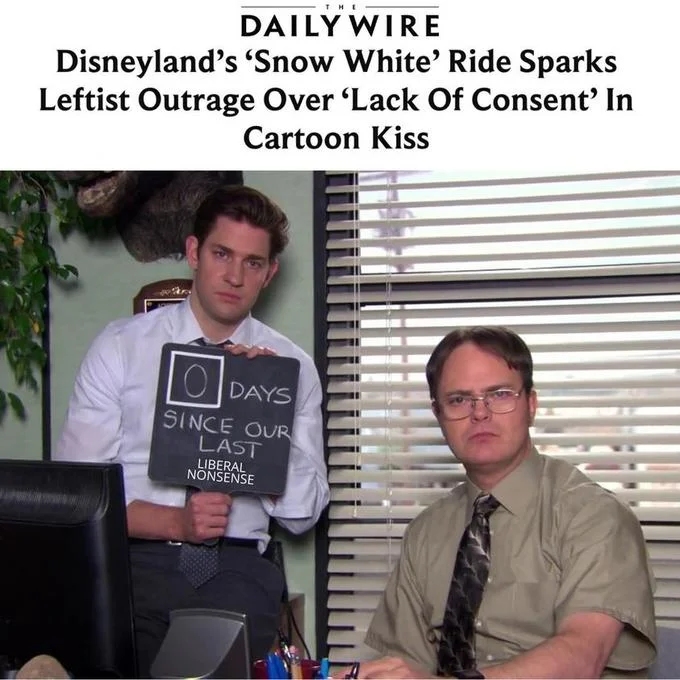 Days Since Our Last Nonsense — Daily Wire Snow White headline above the Office meme edited to say '0 Days Since Our Last Liberal Nonsense'.