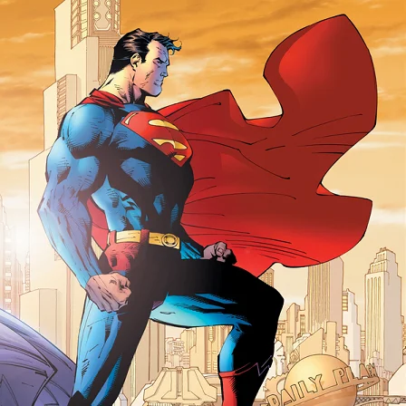Dc Comics — Superman flying with red cape close-up comic panel