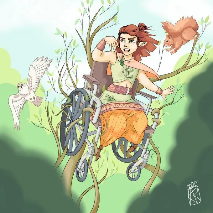 D&D Combat Wheelchair — Fan art of a red-haired elf in a wheelchair in a forest with woodland creatures