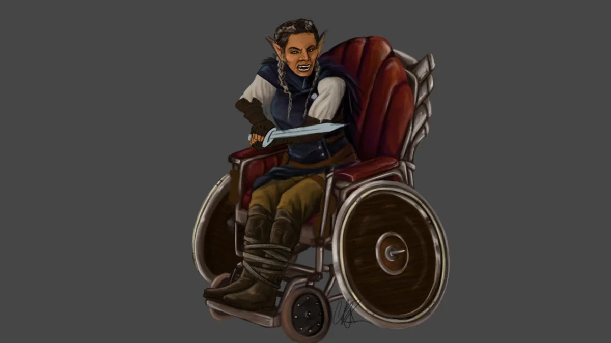 D&D Combat Wheelchair — Illustration of an elf warrior wielding a sword while seated in a fantasy wheelchair