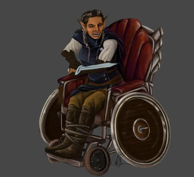 D&D Combat Wheelchair — Side-view illustration of an elf warrior seated in a fantasy wheelchair holding a sword