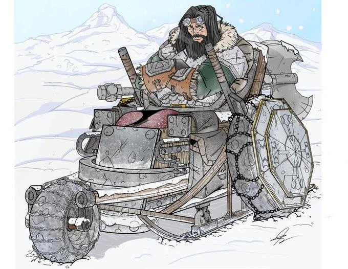 D&D Combat Wheelchair — Bearded warrior in a mechanical tracked combat wheelchair amid snowy mountains