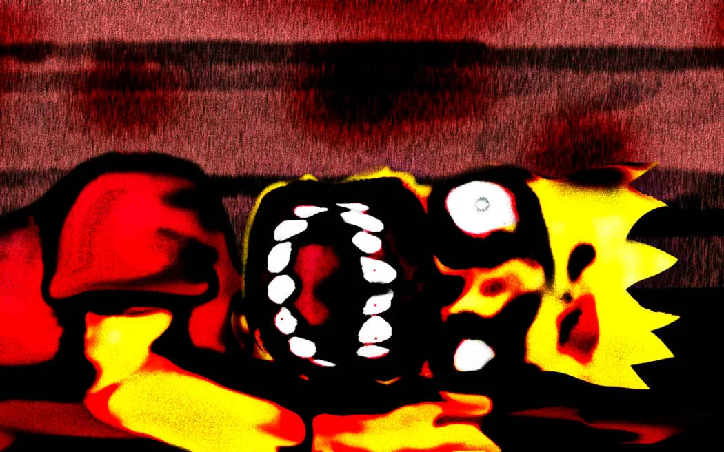 Dead Bart — Distorted horror rendition of Bart and Homer Simpson with red tint and static bars