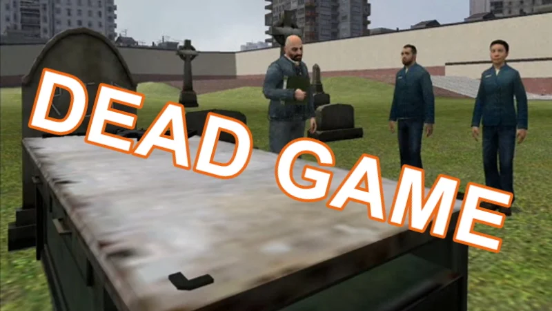 Garry's Mod cemetery scene with coffin and 'DEAD GAME' text overlay