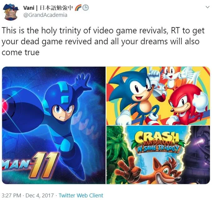 Tweet about the holy trinity of dead game revivals featuring Mega Man, Sonic, and Crash Bandicoot