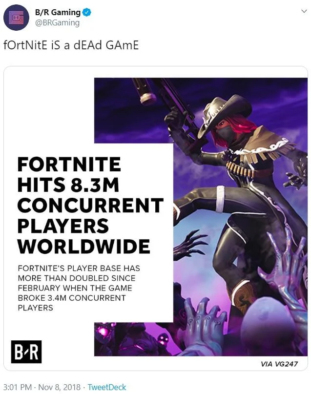 B/R Gaming tweet mocking 'Fortnite is a dead game' claim with 8.3M concurrent player stat
