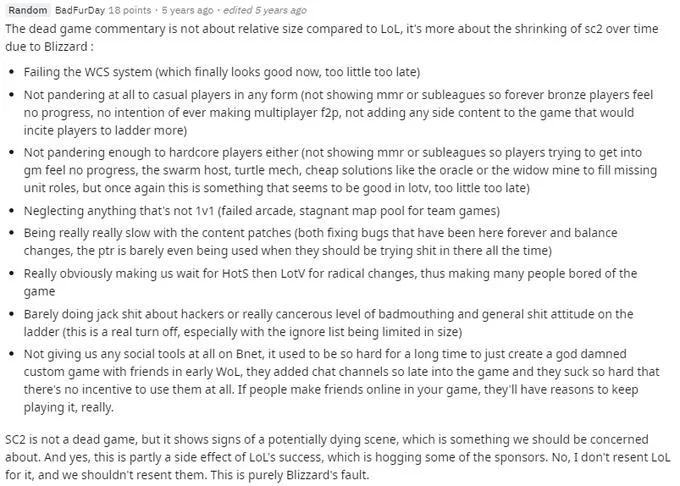 Reddit comment criticizing StarCraft 2 and Blizzard as a dead game
