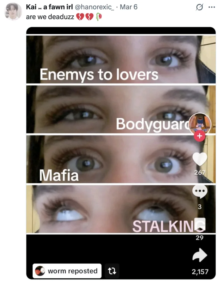 Dead Rose Emoji — Tweet using the wilted rose and broken heart emojis above a BookTok tropes TikTok screenshot