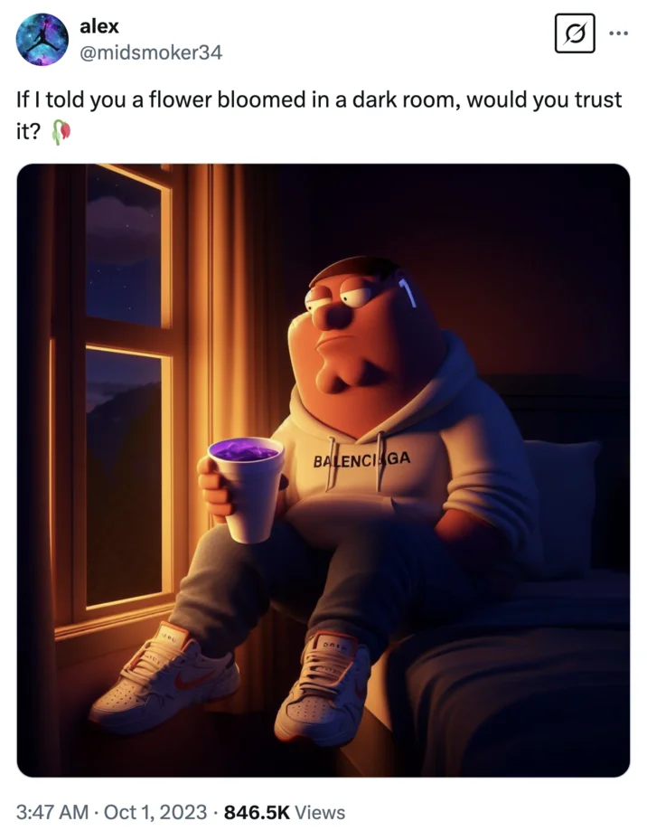 Dead Rose Emoji — Tweet by @midsmoker34 using the wilted rose emoji with a moody Peter Griffin edit