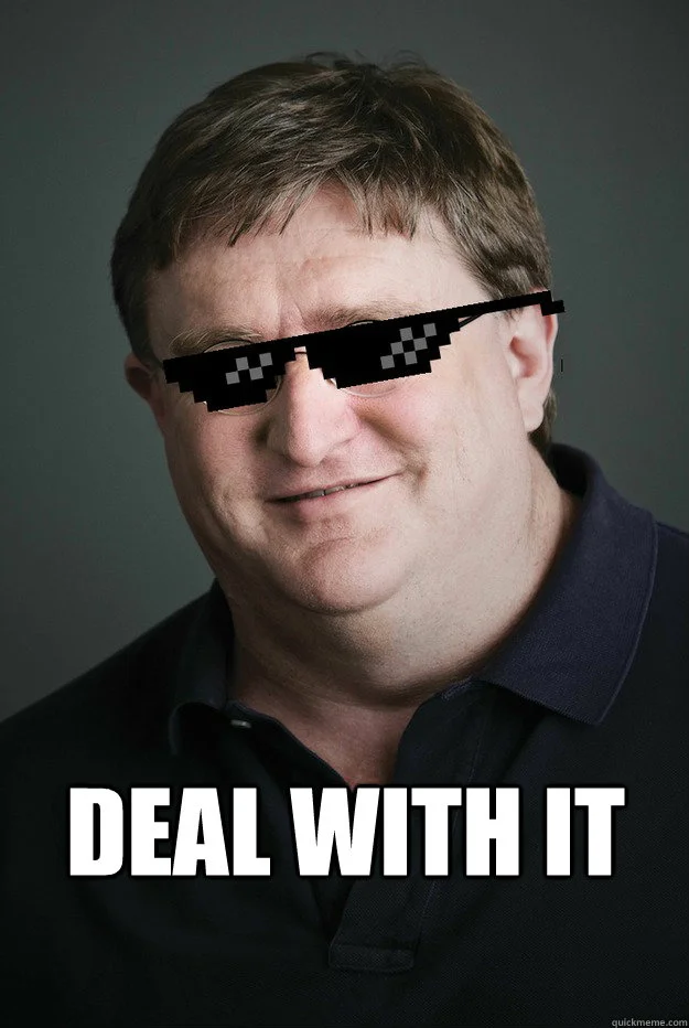 Portrait of man wearing pixelated mosaic-style sunglasses against neutral background with white 'DEAL WITH IT' text.