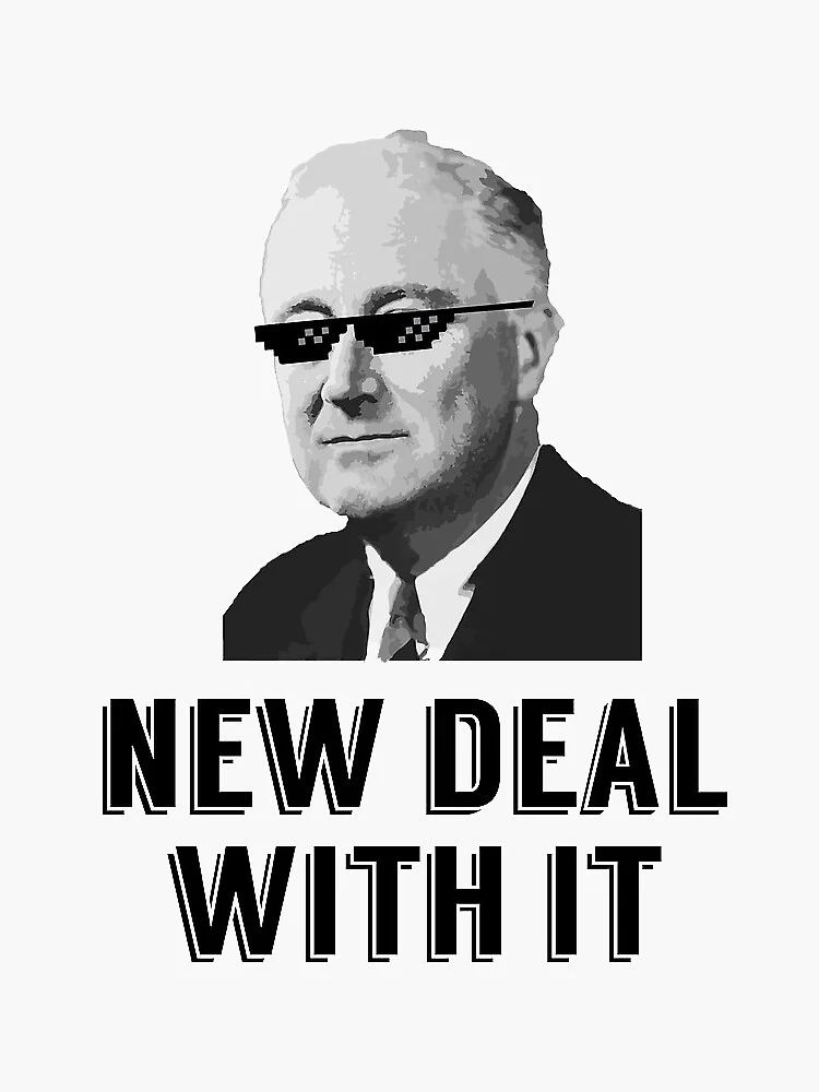 Vintage formal portrait of man in professional attire with pixelated sunglasses and 'NEW DEAL WITH IT' text below.