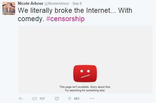 Dear Fat People — Screenshot of Nicole Arbour tweet dated September 6 about breaking internet with comedy and #censorship with YouTube unavailable error page.