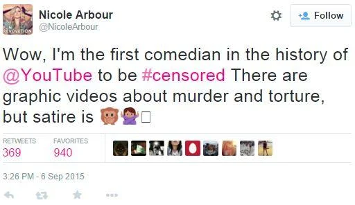 Dear Fat People — Screenshot of Nicole Arbour tweet from September 6, 2015 claiming to be first comedian censored on YouTube with 369 retweets and 940
