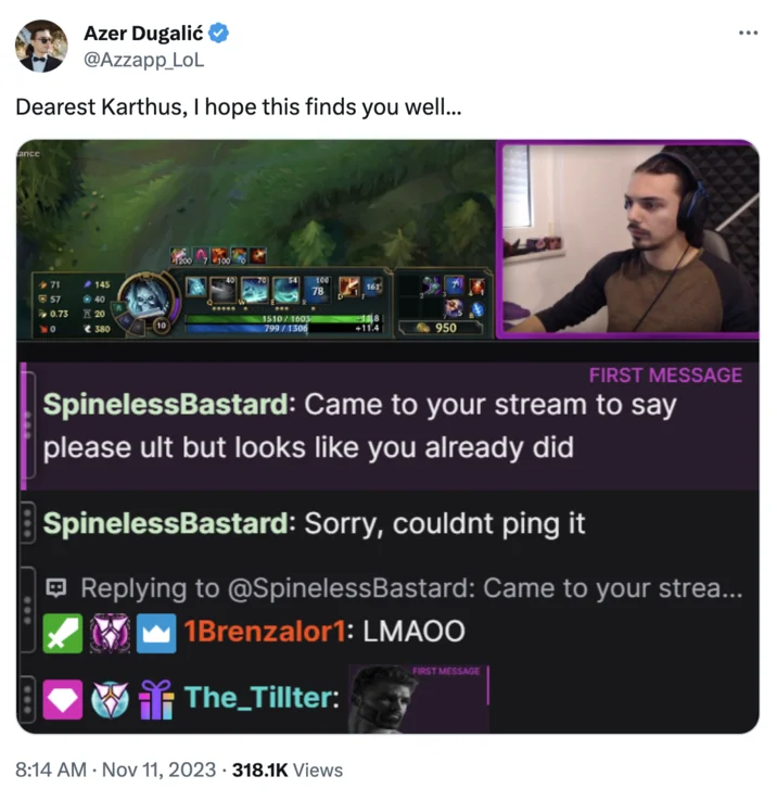 Dearest Karthus Copypasta — Tweet showing a Twitch stream screenshot of a chatter asking a streamer to Karthus ult