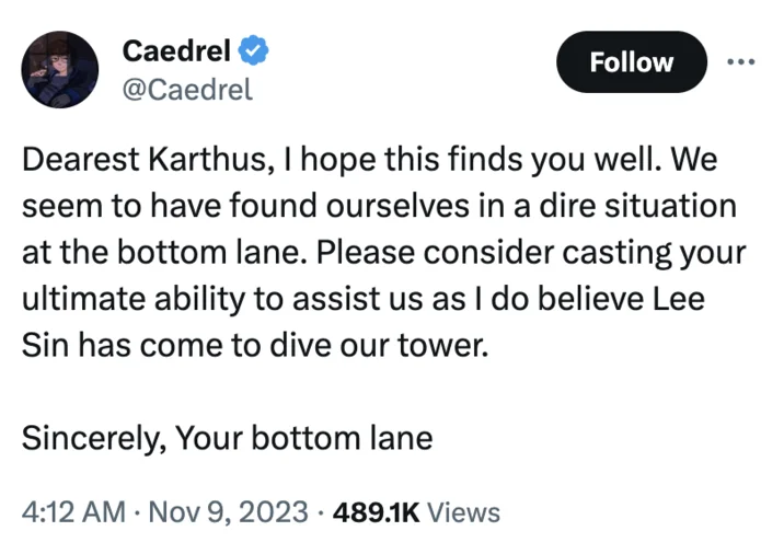Tweet by Caedrel posting the Dearest Karthus copypasta text