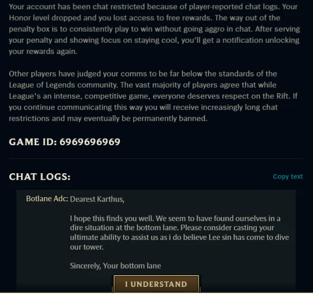 Dearest Karthus Copypasta — League of Legends chat restriction screen showing Dearest Karthus message in the chat logs