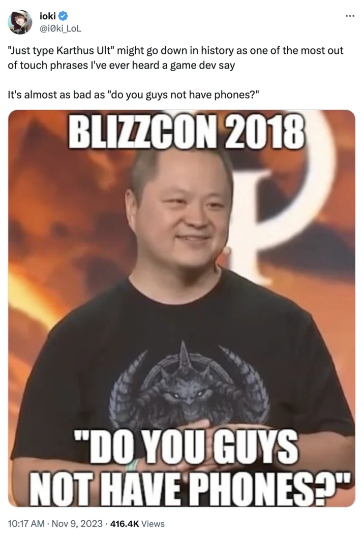 Dearest Karthus Copypasta — Tweet criticizing Riot's Karthus Ult comment alongside the Blizzard Do You Guys Not Have Phones meme
