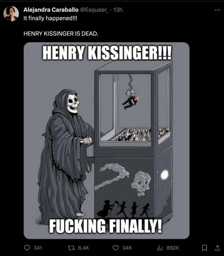 Death at the Claw Machine — Twitter screenshot from Alejandra Caraballo celebrating Henry Kissinger's death with the Grim Reaper claw machine meme.