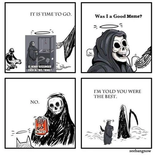Death at the Claw Machine — Tweet by @loserbent joking that Kissinger's death means losing the claw machine meme format.