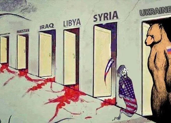 Death Knocking On Doors — Death Knocking meme edit with US-flag reaper facing a Russian bear at a door labeled Ukraine