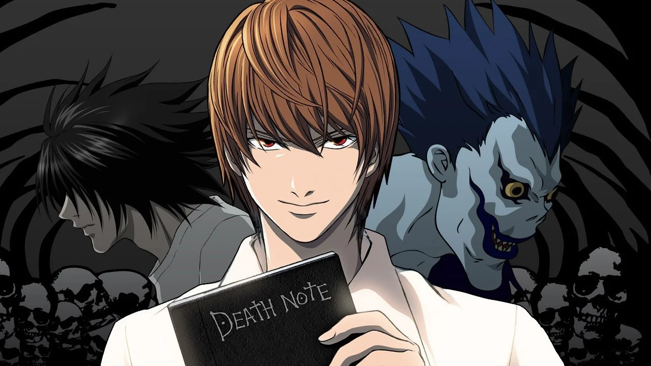 Light Yagami holds the Death Note notebook with L and Ryuk in the background