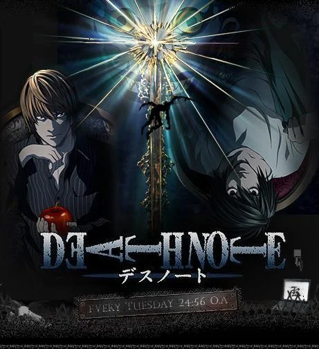 Japanese Death Note anime broadcast poster with Light, L, and Ryuk