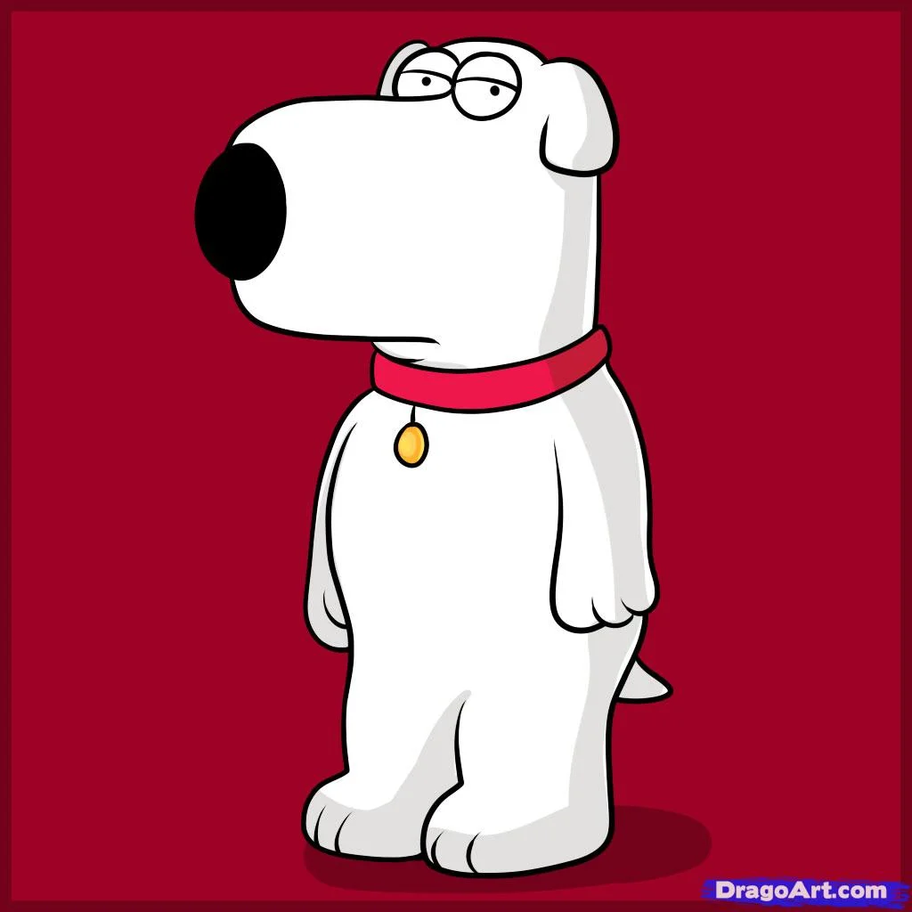 Death Of Brian Griffin — Cartoon illustration of Brian Griffin, the white dog from Family Guy, standing on a red background.