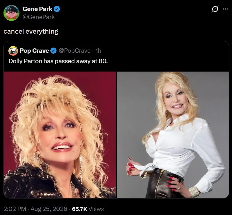 Death of Dolly Parton — Full size Gene Park tweet reacting cancel everything to Pop Crave breaking news of Dolly Parton's death