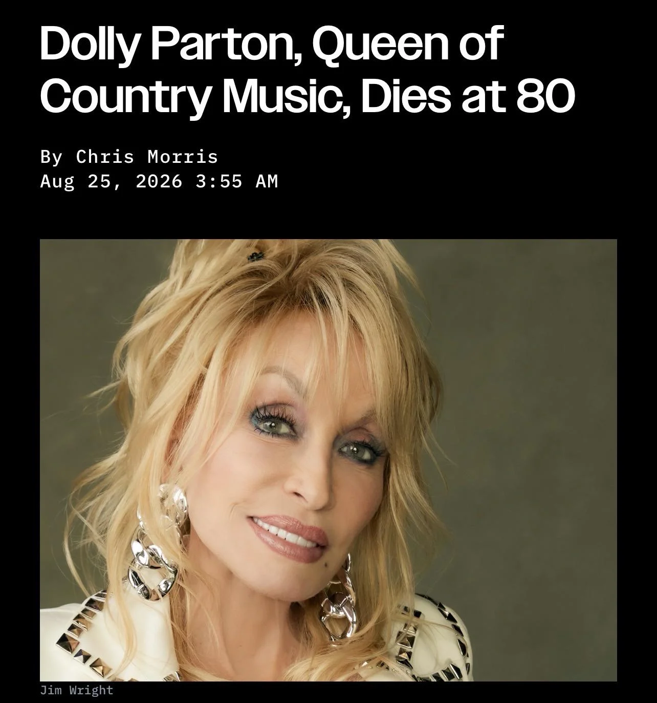 Death of Dolly Parton — News article headline Dolly Parton Queen of Country Music Dies at 80 with portrait photo