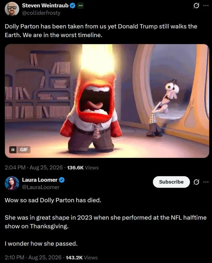 Death of Dolly Parton — Screenshots of Steven Weintraub and Laura Loomer tweets reacting to Dolly Parton's death with Inside Out Anger GIF