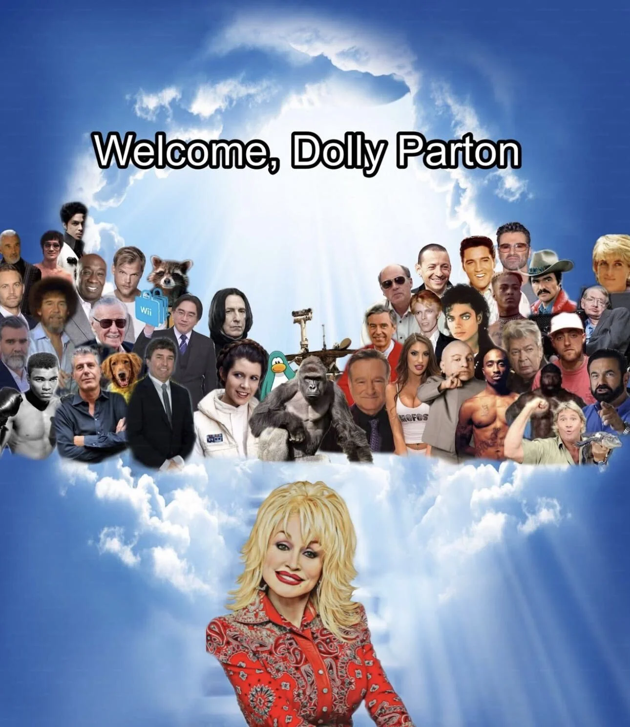 Death of Dolly Parton — Welcome Dolly Parton meme showing her joining a heavenly collage of deceased celebrities and pop culture icons