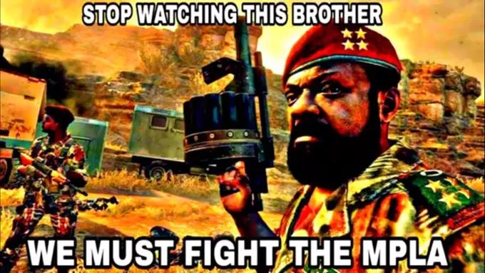 Death To The Mpla — Call of Duty: Black Ops 2 screenshot of Jonas Savimbi in military uniform with red beret and weapon against fiery battlefield with text